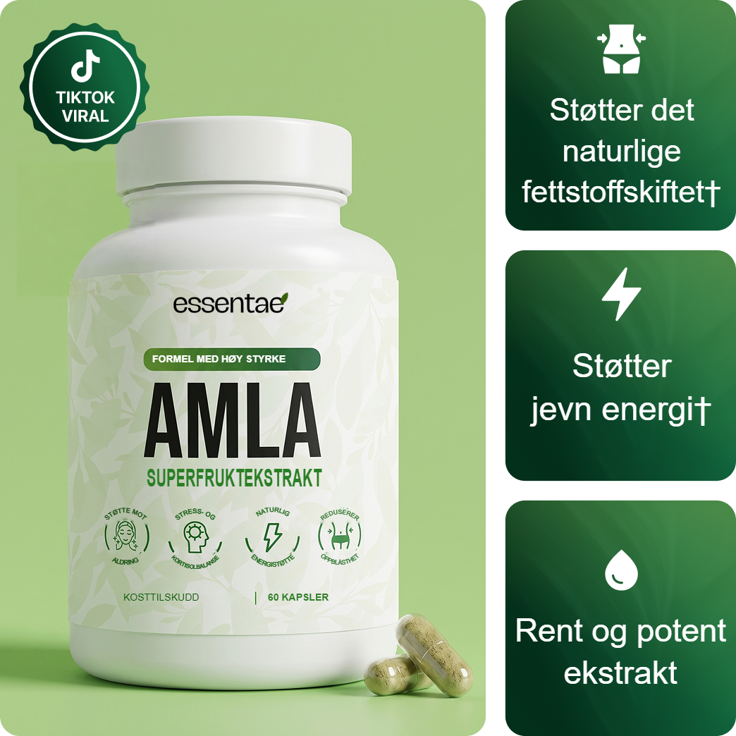 Essentae Amla-flaske med kapsler og produktinformasjon.