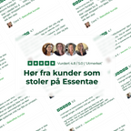 Collage med kundeomtaler om Essentae Amla, vurderinger og portretter.
