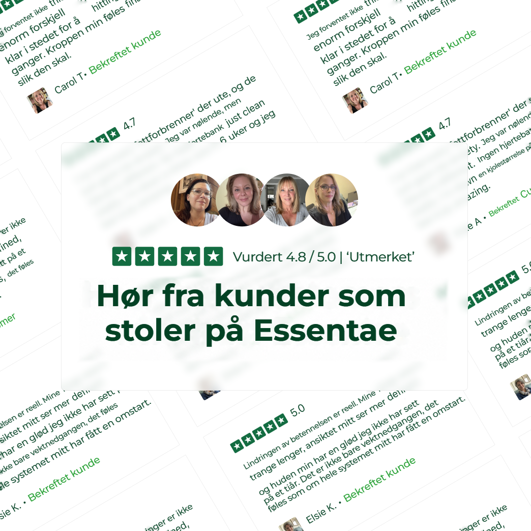 Collage med kundeomtaler om Essentae Amla, vurderinger og portretter.