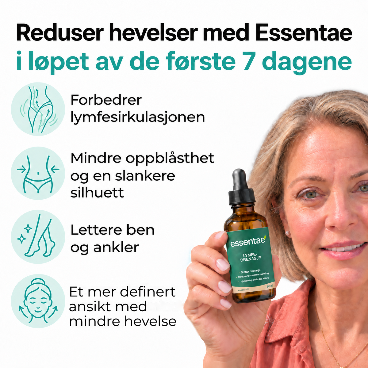 En kvinne holder en Essentae-flaske med lymfedrenasje ved siden av forklarende tekst.