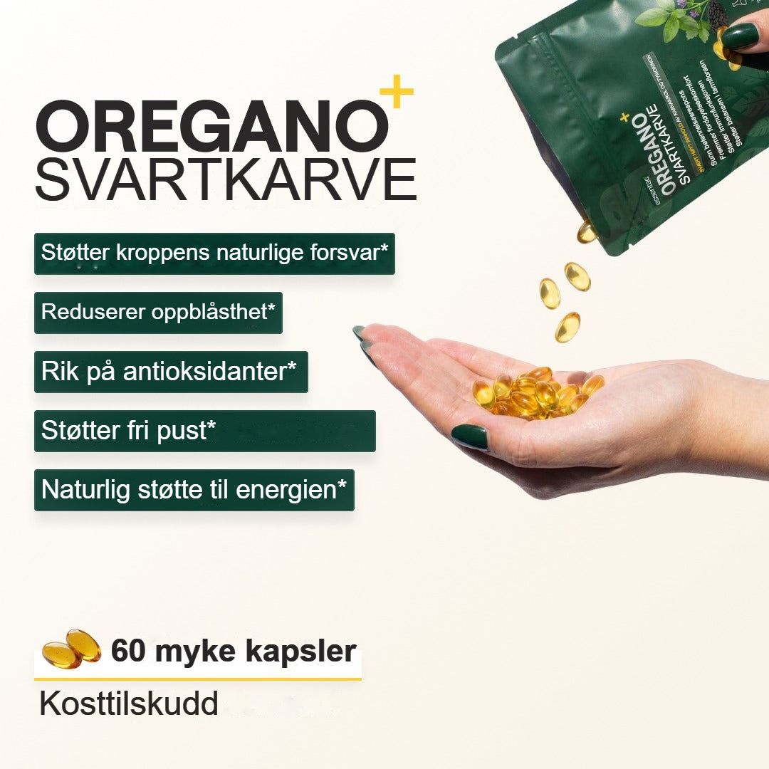 En Essentae-pose heller myke kapsler i en hånd ved siden av forklarende tekst.