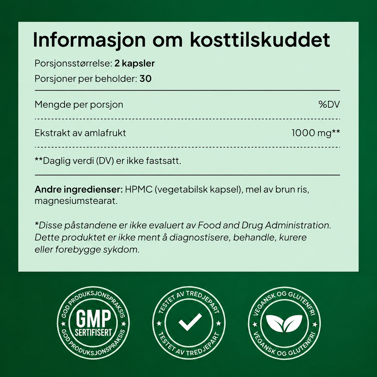 Produktinformasjon for Essentae Amla med ingredienser og porsjonsstørrelse.