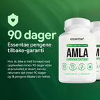 Essentae Amla-flasker med tekst om 90 dagers garanti.