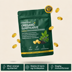 Essentae Oregano-pose med produktinformasjon og tre tekstkort.